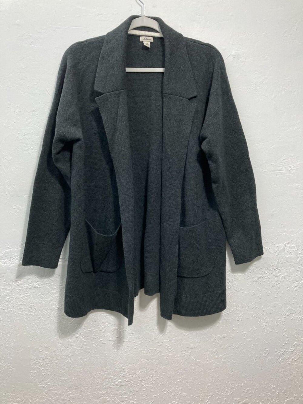 LL Bean Womens Cotton Cashmere Cardigan Knit Sweater Gray Open Front Office XL